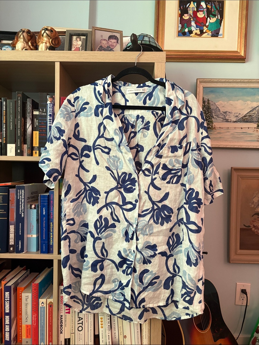 Faithfull the Brand White Button-Down Shirt with Blue Floral Print
